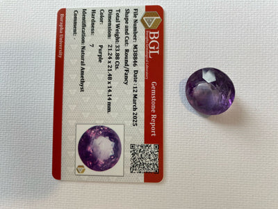 Certified Natural Brazilian Amethyst – 33.88 cts Round Fancy Cut | Deep Purple Gemstone
