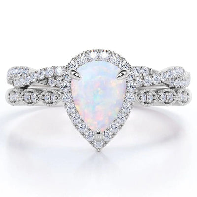 Maura Gems and Jewellery 7 / White / 10 - October - Opal 1.5 Carat Pear Cut Lab Created October Birthstone Opal and Moissanite Vintage Engagement Ring - Halo Pave Bridal Set in 18K White Gold over Silver