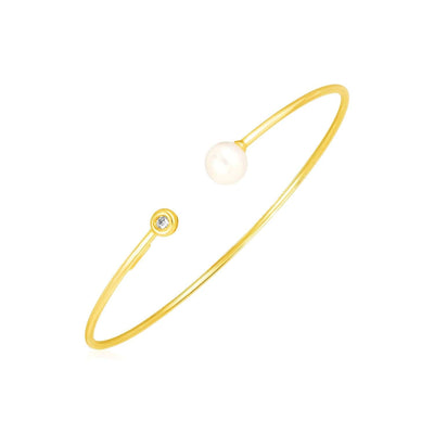 RCJ Bangles Yellow Gold 14k Yellow Gold Cuff Bangle with Pearl and Diamond (3.00 mm)