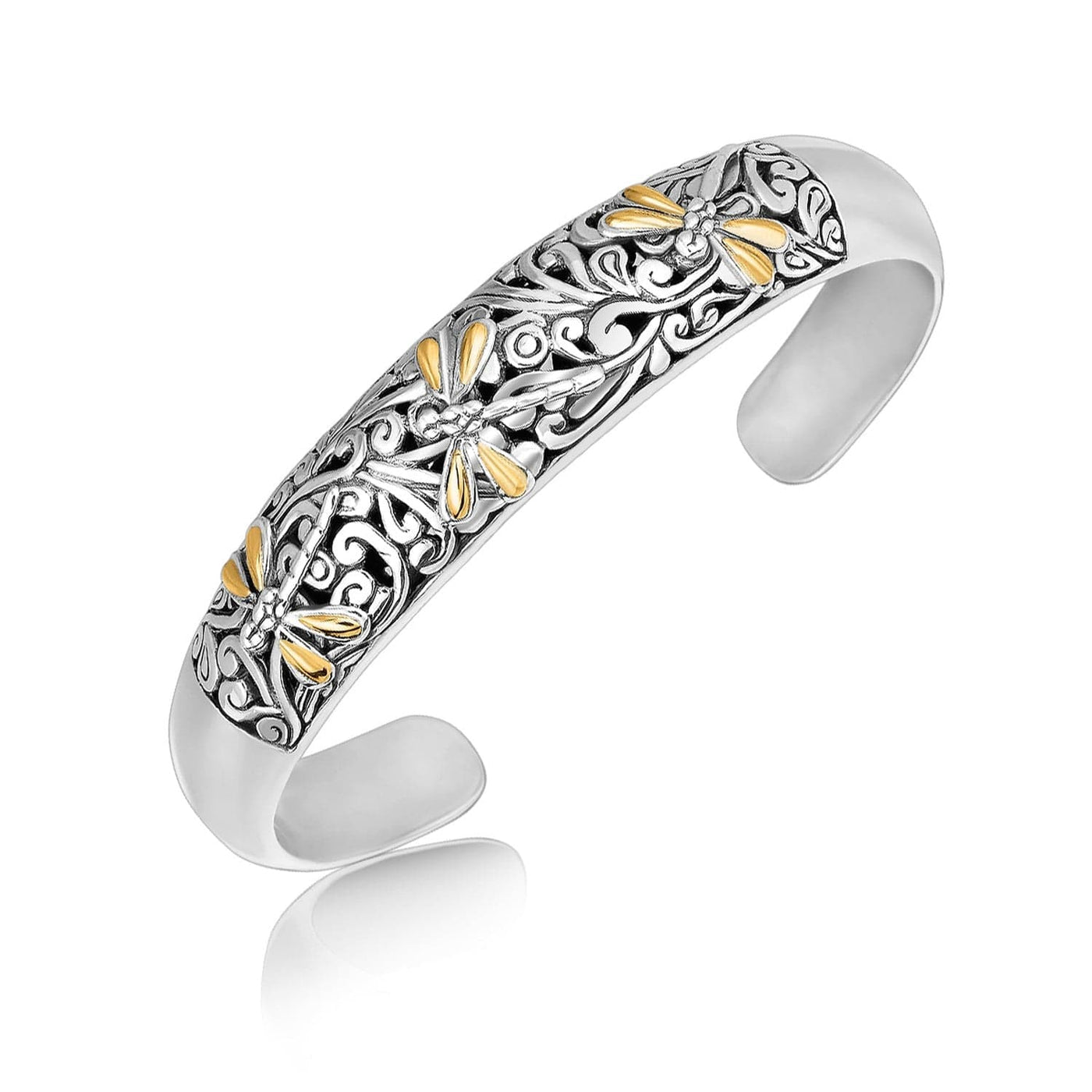 RCJ Bangles Yellow Gold & Sterling Silver 18k Yellow Gold and Sterling Silver Cuff with Dragonfly and Flourishes (12.70 mm)