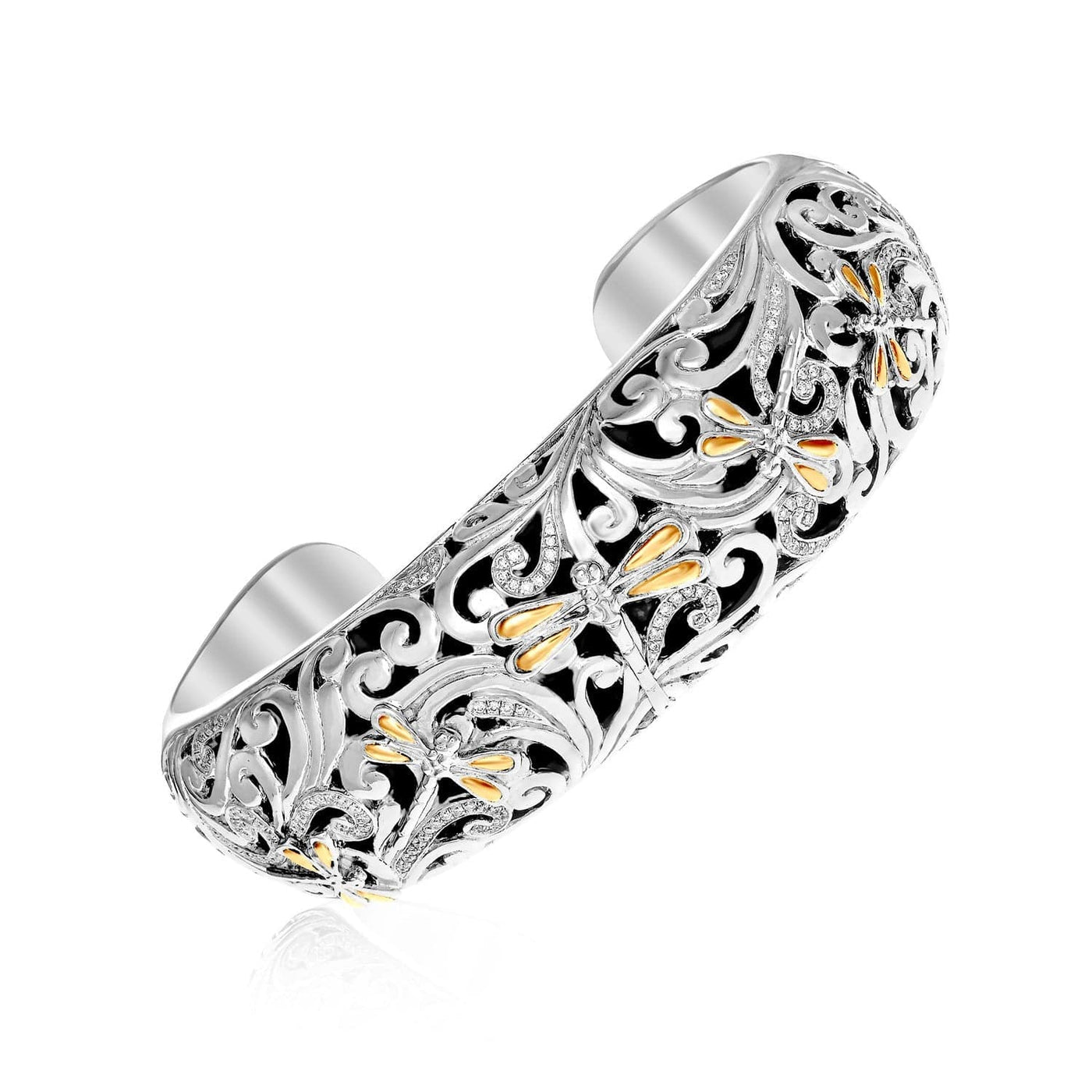 RCJ Bangles Yellow Gold & Sterling Silver 18k Yellow Gold & Sterling Silver Diamond Accent Dragonfly Cuff Bangle (19.00 mm)