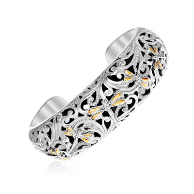 RCJ Bangles Yellow Gold & Sterling Silver 18k Yellow Gold & Sterling Silver Diamond Accent Dragonfly Cuff Bangle (19.00 mm)