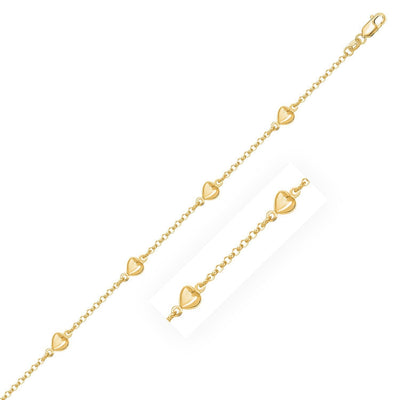 RCJ Bracelets 14k Yellow Gold Rolo Chain Bracelet with Puffed Heart Stations (3.30 mm)