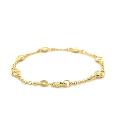 RCJ Bracelets 14k Yellow Gold Rolo Chain Bracelet with Puffed Heart Stations (3.30 mm)
