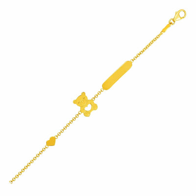RCJ Bracelets 6'' / Yellow Gold 14k Yellow Gold Childrens Bracelet with Teddy Bear Heart and Bar