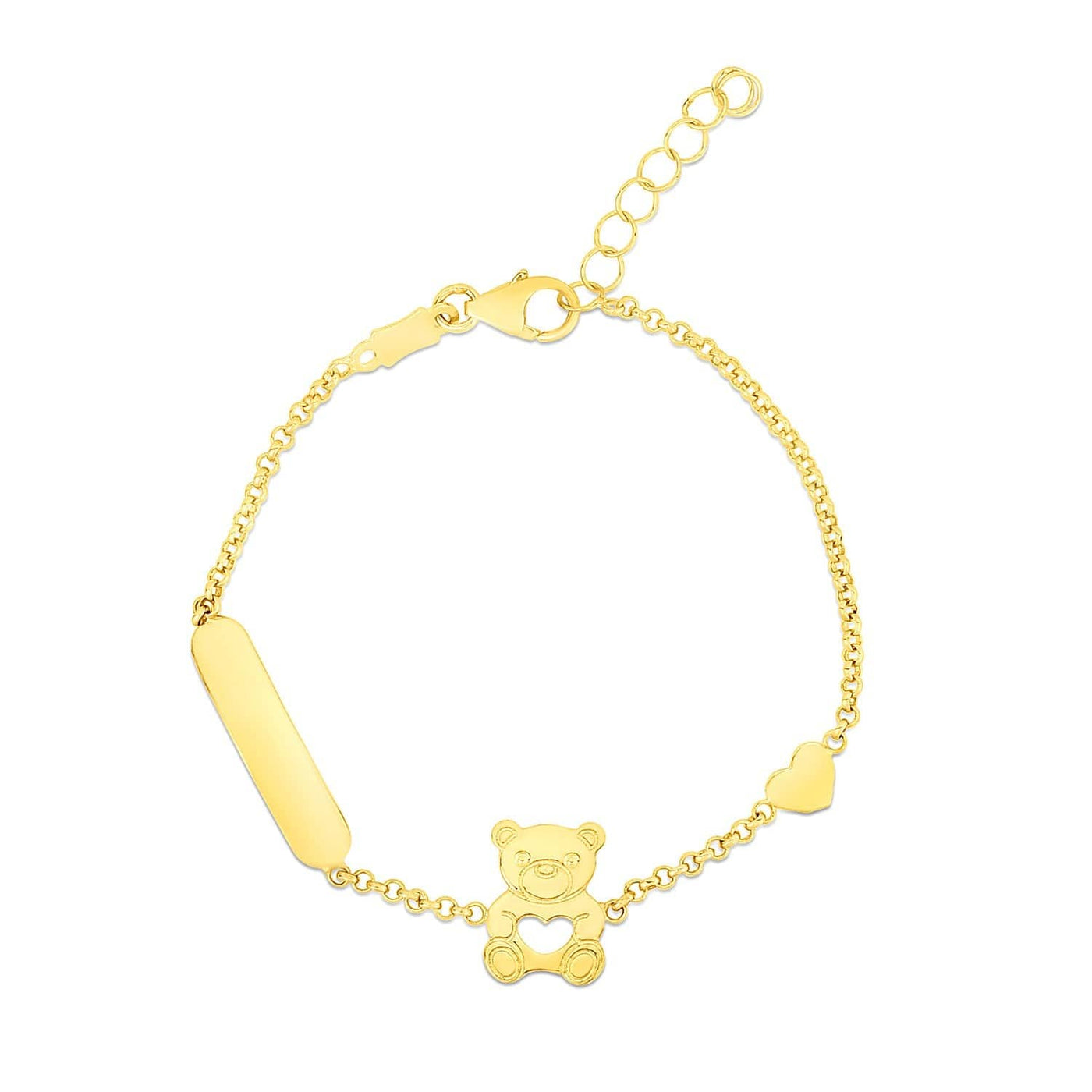 RCJ Bracelets 6'' / Yellow Gold 14k Yellow Gold Childrens Bracelet with Teddy Bear Heart and Bar