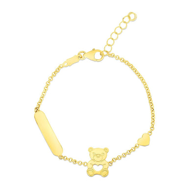 RCJ Bracelets 6'' / Yellow Gold 14k Yellow Gold Childrens Bracelet with Teddy Bear Heart and Bar