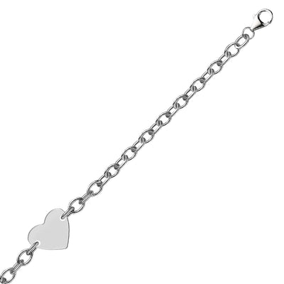 RCJ Bracelets 7.25'' / Sterling Silver Sterling Silver Rhodium Plated Chain Bracelet with a Flat Heart Station (5.00 mm)