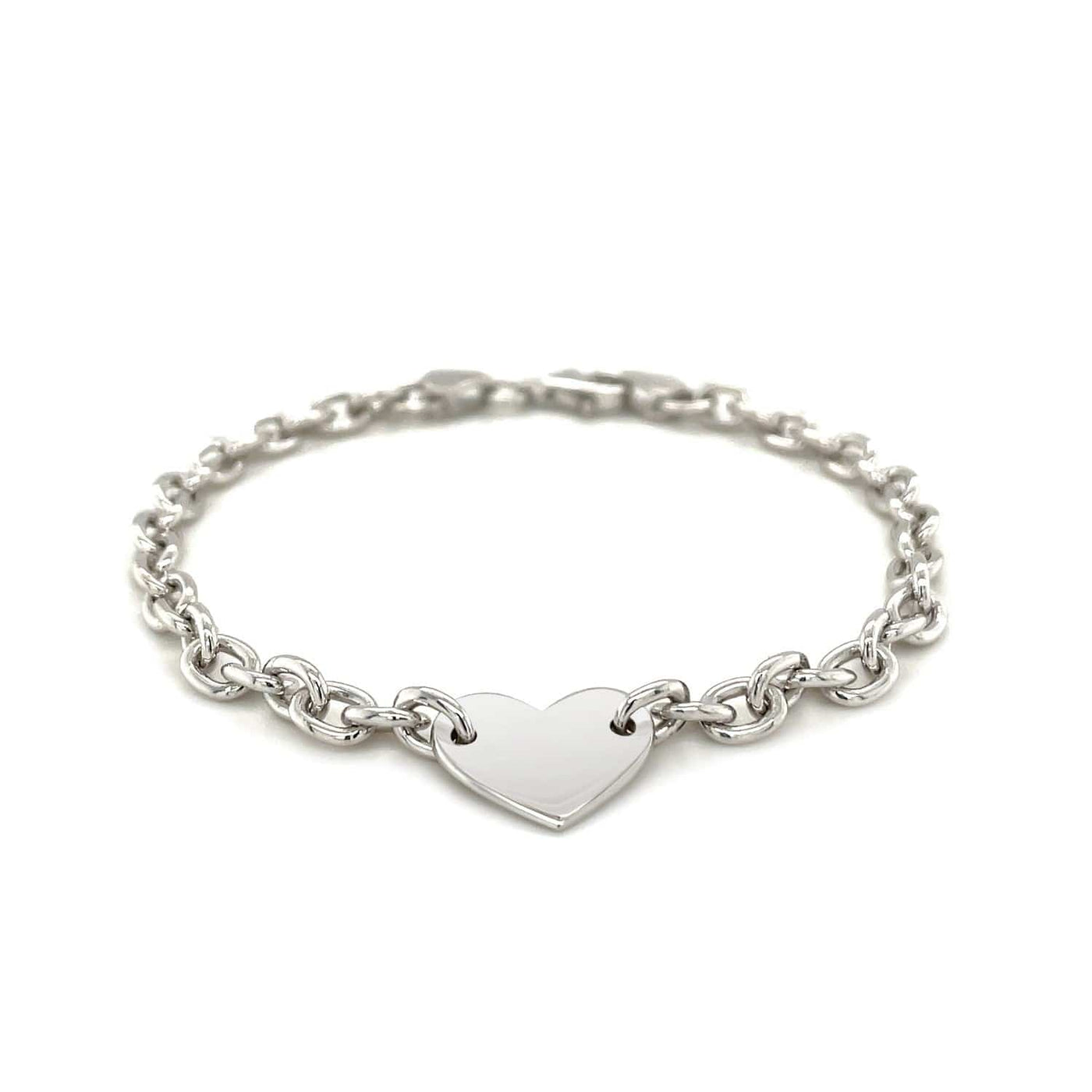 RCJ Bracelets 7.25'' / Sterling Silver Sterling Silver Rhodium Plated Chain Bracelet with a Flat Heart Station (5.00 mm)