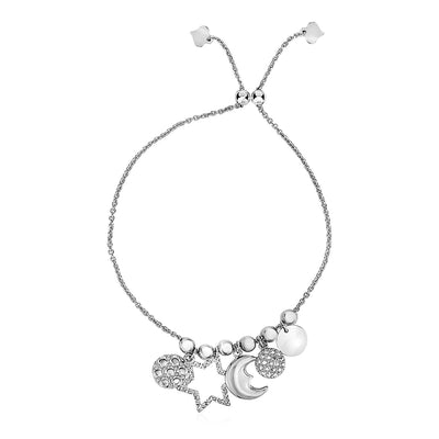 RCJ Bracelets 9.25'' / Sterling Silver Adjustable Bead Bracelet with Celestial Charms in Sterling Silver