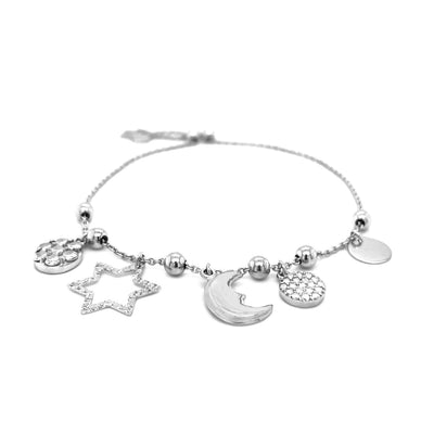 RCJ Bracelets 9.25'' / Sterling Silver Adjustable Bead Bracelet with Celestial Charms in Sterling Silver