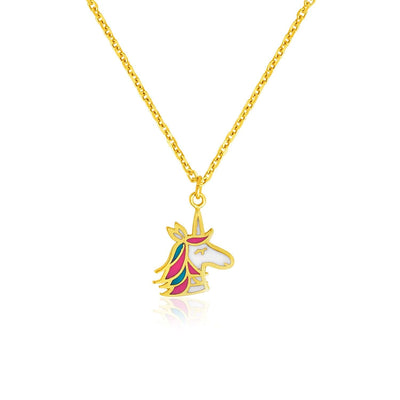 RCJ Necklaces 14'' / Yellow Gold 14k Yellow Gold Childrens Necklace with Enameled Unicorn Pendant