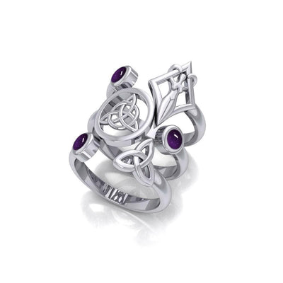 Maura Gems and Jewellery Silver Trinity Knot Triquetra and Goddess Stack Ring with Gemstone